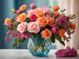 A vase with colorful flowers, including hybrid tea roses, sits on a table
