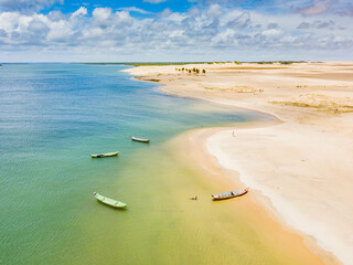 Aerial view of the mouth of the São Francisco River. River beach between Sergipe and Alagoas - obrazy, fototapety, plakaty
