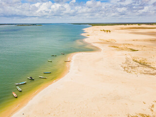 Aerial view of the mouth of the São Francisco River. River beach between Sergipe and Alagoas