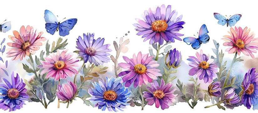 purple and pink aster flowers and blue butterflies painted in watercolor 