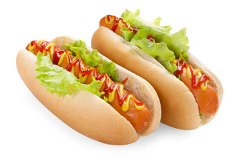Tasty hot dogs with lettuce, ketchup and mustard isolated on white