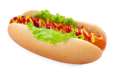 Tasty hot dog with lettuce, ketchup and mustard isolated on white