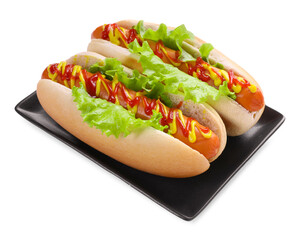 Tasty hot dogs with lettuce, ketchup and mustard isolated on white