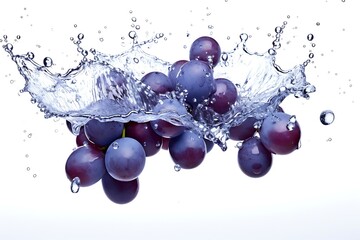 Blue grapes with water splashing isolated on white background
