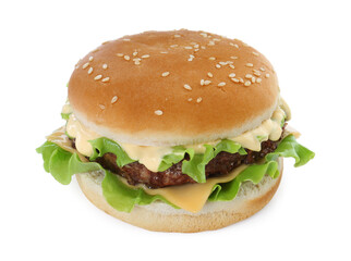 Delicious cheeseburger with lettuce, sauce and patty isolated on white