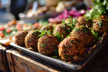 Falafel balls display on the market vegan diet healthy eating with other vegetables