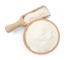 Baking powder in bowl and scoop isolated on white, top view