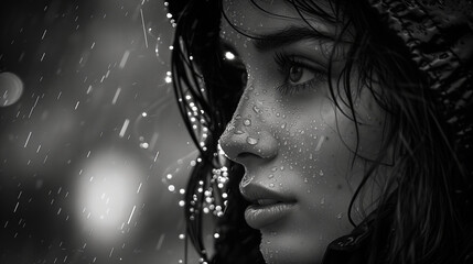 Intense Black and White Portrait of Woman in Rain.