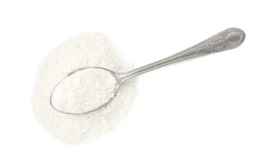 Baking powder in spoon isolated on white, top view