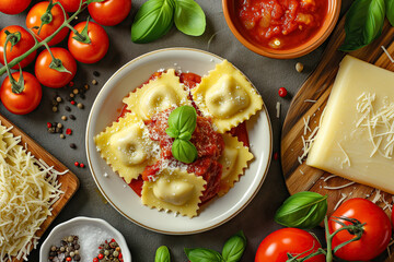Ravioli pasta meal top view lunch with tomato sauce basil tomatoes and cheese - 786525046