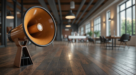 Large megaphone standing on floor in modern business office. Loudspeaker announcing message of success, agitation, news, or marketing - obrazy, fototapety, plakaty
