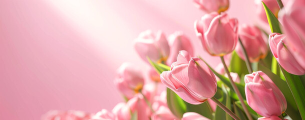Obraz premium Bouquet of pink tulips on pink background. Mother's day background.