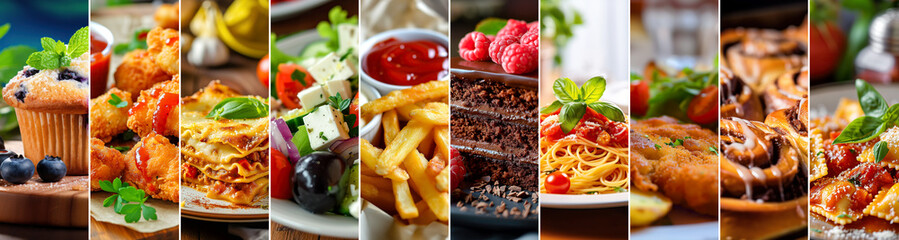 Food background collection meals collage panorama with salad lasagne spaghetti french fries muffin and cake