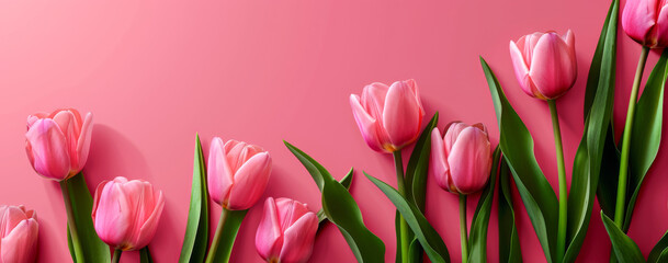 Bouquet of pink tulips on a pink background with copy space. Mother's day background.