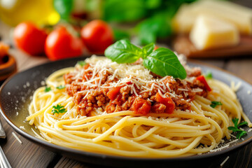 Spaghetti Bolognese meal eating pasta lunch with tomatoes and cheese - 786525244
