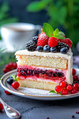 Cake slice with berries fruits dessert on a plate with coffee portrait format - 786525249
