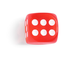 One red game dice isolated on white, top view