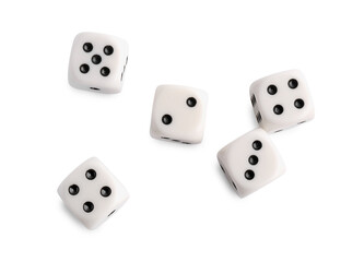 Many dices isolated on white, top view. Game cubes