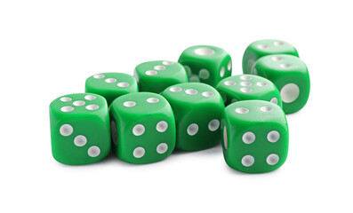 Many green game dices isolated on white