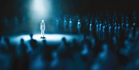 Radiant individuality: a lone figure glows among a crowd of silhouettes