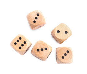 Many wooden game dices isolated on white, top view