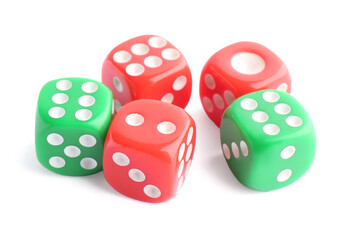 Many green and red game dices isolated on white