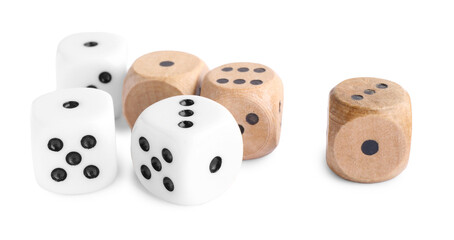 Many dices isolated on white. Game cubes