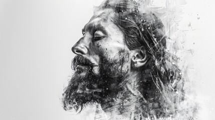 Jesus Christ in monochrome digital watercolor techniques revealing subtle gradations on a smooth white surface