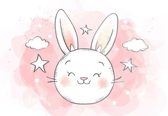 Adorable Bunny on a Cloud: A whimsical illustration with stars and clouds, perfect for nursery decor or children's books