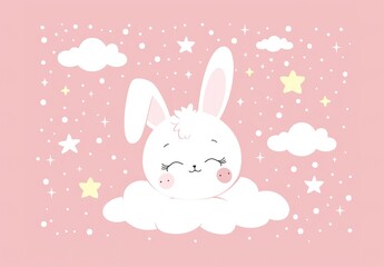 Adorable Bunny on a Cloud: A whimsical illustration with stars and clouds, perfect for nursery decor or children's books