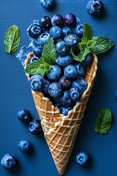 A glance of an ice cream cone filled with blueberries and mint leaves on a royal blue background, creating a visually appealing summer poster for the brand Getty images or V dye Lock screen wallpaper,