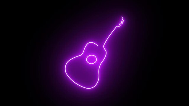 Neon guitar sign. String musical instruments. Music concept. School Music Band Glowing Icon. Guitar neon line isolated on black background. Acoustic guitar. Video motion graphic animation. Line art.
