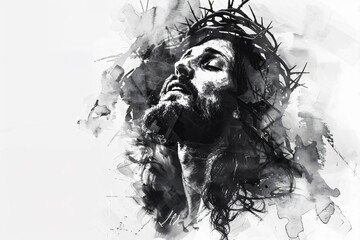 Fototapeta premium Jesus Christ rendered in black and white a stark digital watercolor painting on a pristine white background