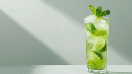 Lime soda beverage with mint served on a white background