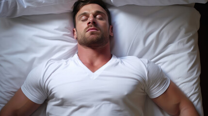 a healthy middle age man sleeps happily because of his new mattress that keep the right posture so he doesn't have sleep apnea anymore 