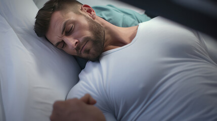 a healthy middle age man can sleep happily because of his new mattress that keep the right posture so he doesnt have sleep apnea anymore 