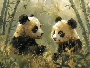Panda bears in playful poses, hand-drawn charm in a bamboo haven