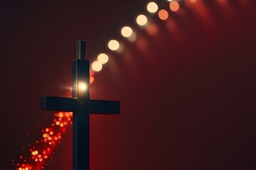 christian cross on red background with soft bokeh lights background copy space banner church.generative.ai
