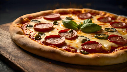 A medium pizza, with a nice melting cheese, while it has slices of salami on top, providing a truly phenomenal taste.