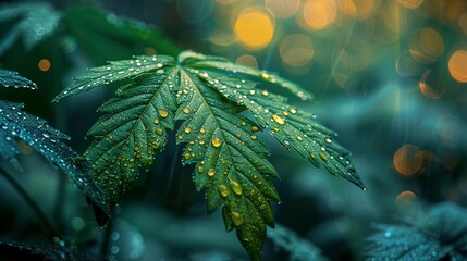 Weed leaf, glistening with dew, symbol of natural medicine