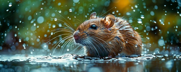 Wet rat after rain, beads of water on its fur