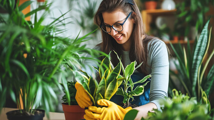 A young female gardener with a smile tends or replants potted indoor plants in a room with a lot of green flowers. Concept of home gardening, love of plants and care. Small business, hobby