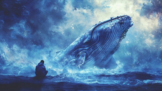 Jonah contemplative by the ocean gazes at a whale depicted in a luminous watercolor digital style