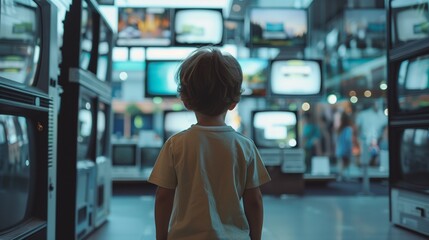 child sitting too close to a large television screen, engrossed in content, illustrating the sedentary lifestyle and potential addiction to technology and media among todays youth. - obrazy, fototapety, plakaty
