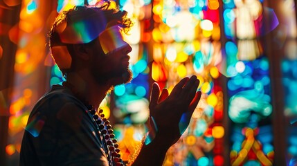 Man praying with rosary beads in hand bathed in the light of a stained glass window Create a sense of peace and spirituality through the use of light and color