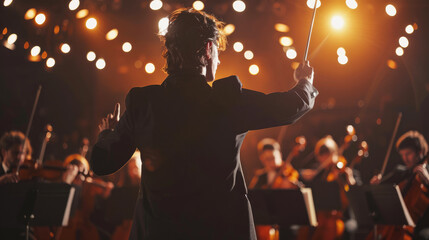 Back view shot of a conductor conducting his orchestra in a lights.