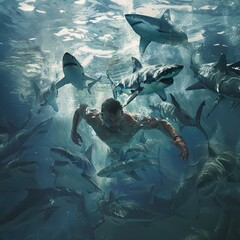 Man swimming with sharks