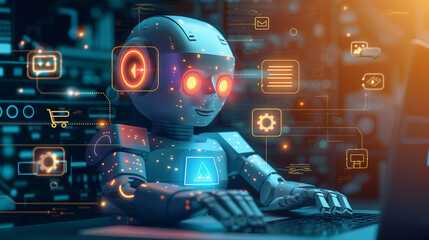 Chat bot, virtual online assistant robot powered by AI. Chatbot to answer customer's questions on website, help and assistance. 