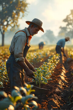 Everyman archetype. Fruits of Labor: Farmer Tends Crops with Dedication & Care, Nourishing the Earth. generative AI