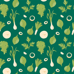 Vegetable seamless pattern with green vegetables. Onion, lettuce, parsley, spinach